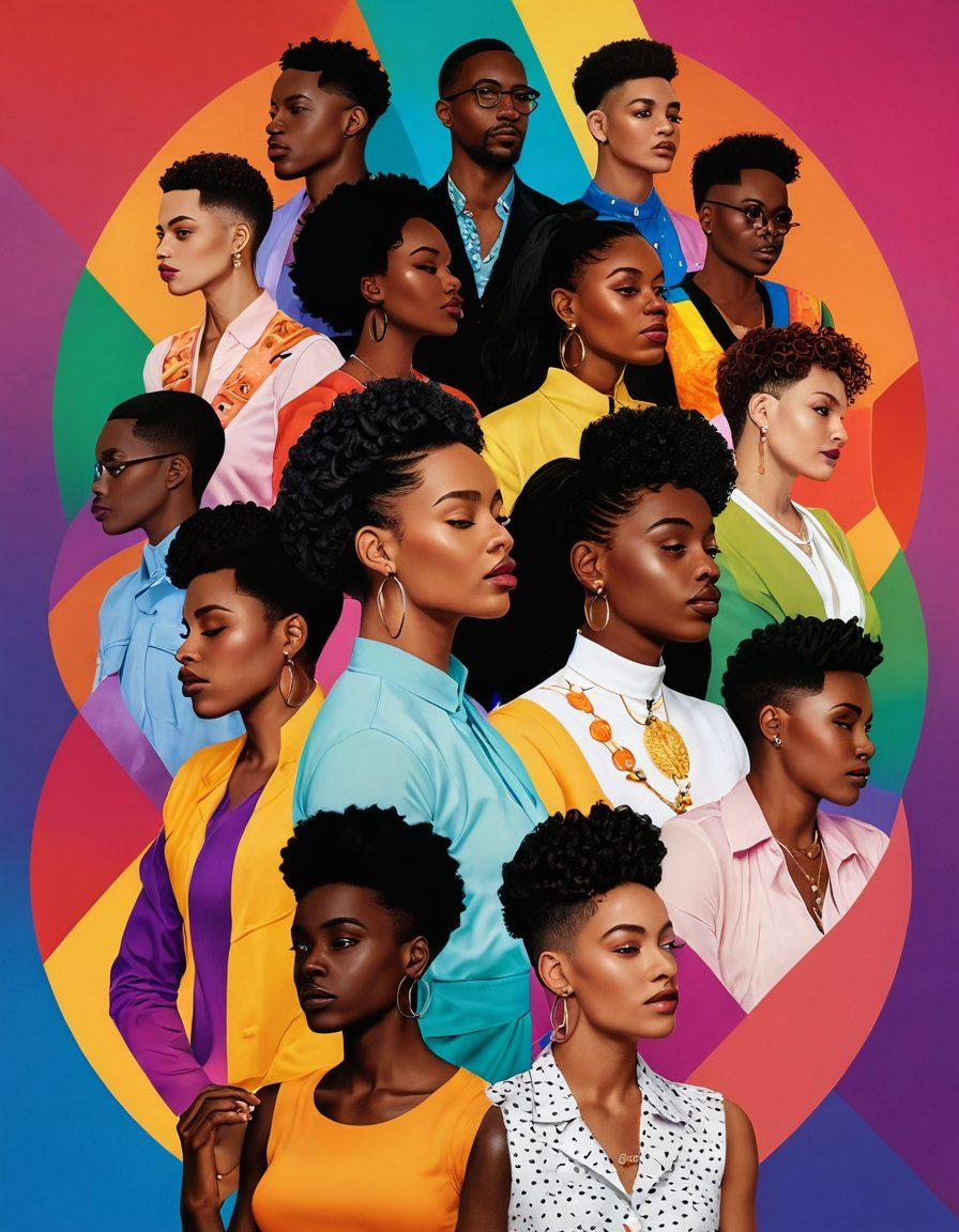 A vibrant collage showcasing diverse Black figures in dynamic poses, symbolizing empowerment and inclusion, surrounded by elements representing adult content such as artistic representations of sexuality and intimacy. The background is a gradient of colors representing the LGBTQ+ pride flag, with subtle patterns that evoke creativity and openness. This image should feel engaging and celebratory, reflecting the richness of queer representation. super-realistic. vibrant colors. white background.