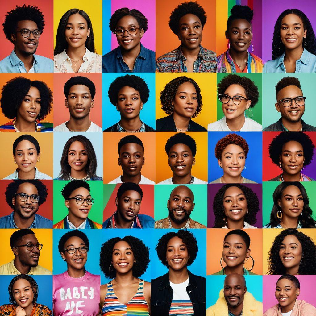 A dynamic montage showcasing a diverse group of Black LGBTQ+ filmmakers and actors passionately engaged in the art of cinema. The background features a colorful film reel with vibrant scenes from representative films, blending in elements of inclusivity, celebration, and empowerment. Include a glowing rainbow flag subtly integrated, symbolizing pride and diversity. The overall mood should be festive and artistic, capturing the essence of joy and community. rich colors. it should evoke a sense of belonging and creativity.