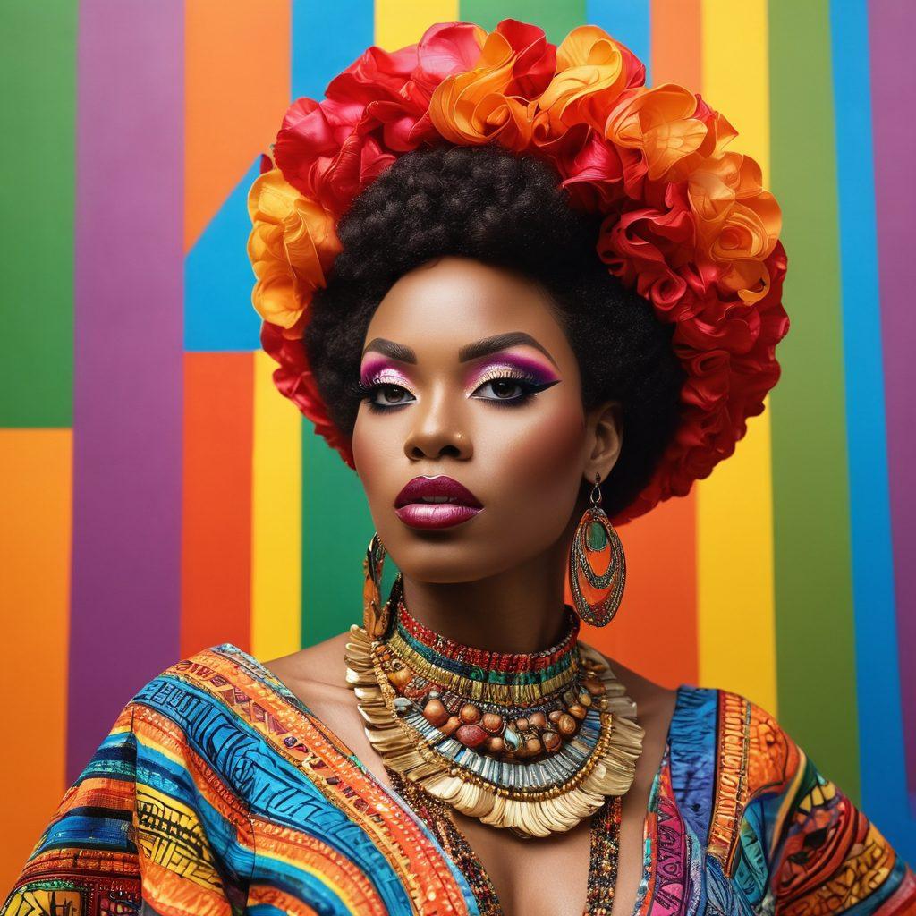 A vibrant celebration of Black culture intertwined with LGBTQ+ themes, featuring bold colors and dynamic patterns. Imagine an elegant drag performer adorned in traditional African attire, with flowing fabrics and striking accessories. The background showcases a lively urban setting, infused with street art representing both cultures. Include subtle symbols of pride and community, such as rainbows and Afro-centric motifs. super-realistic. vibrant colors.